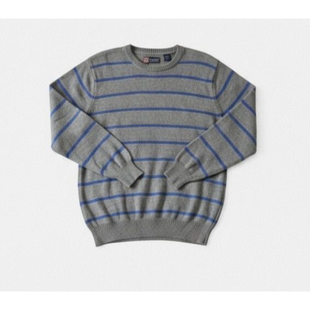 Men's CHAPS Ralph Lauren XL Sweater Gray Blue Striped Crewneck Pullover Cotton